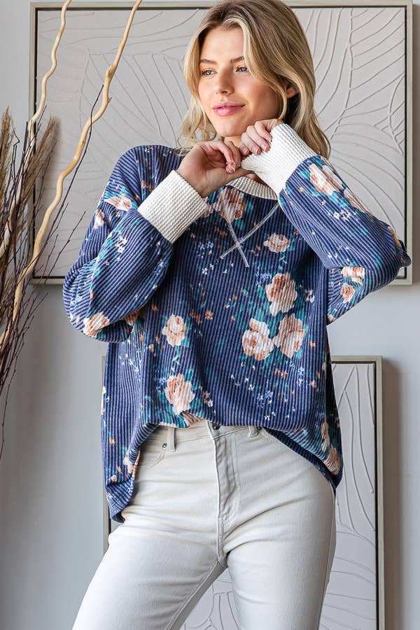 Cozy Floral Rib Drop Shoulder V-Stitch Pullover Top T5699