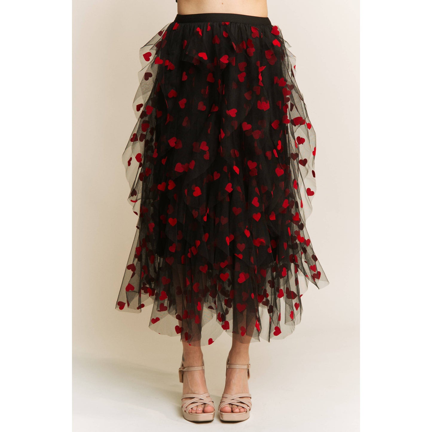 HEART VELVET FLOCKING MESH LAYERED MIDI SKIRT