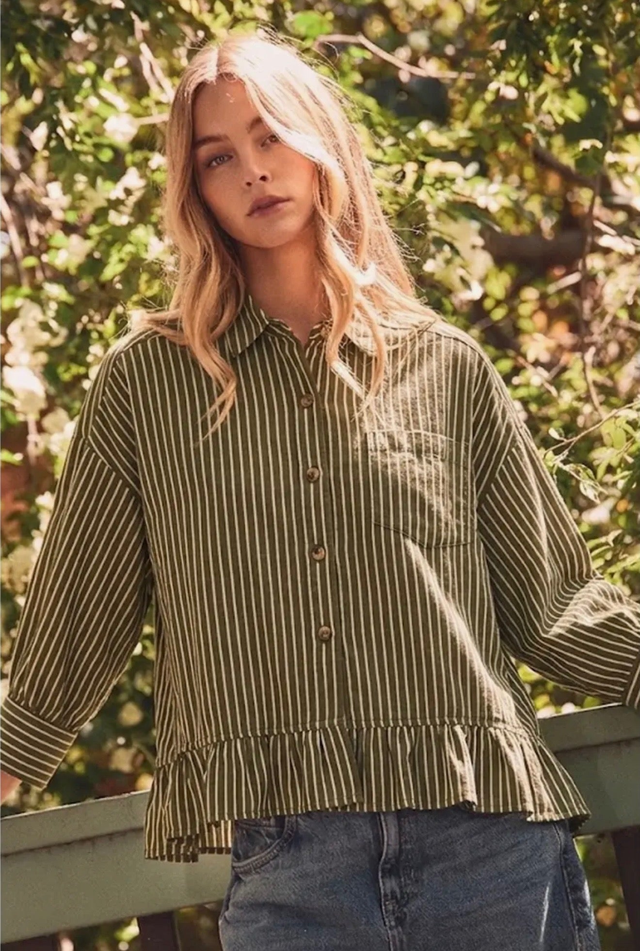 Striped Cropped Button Up Ruffled Hem Shirt