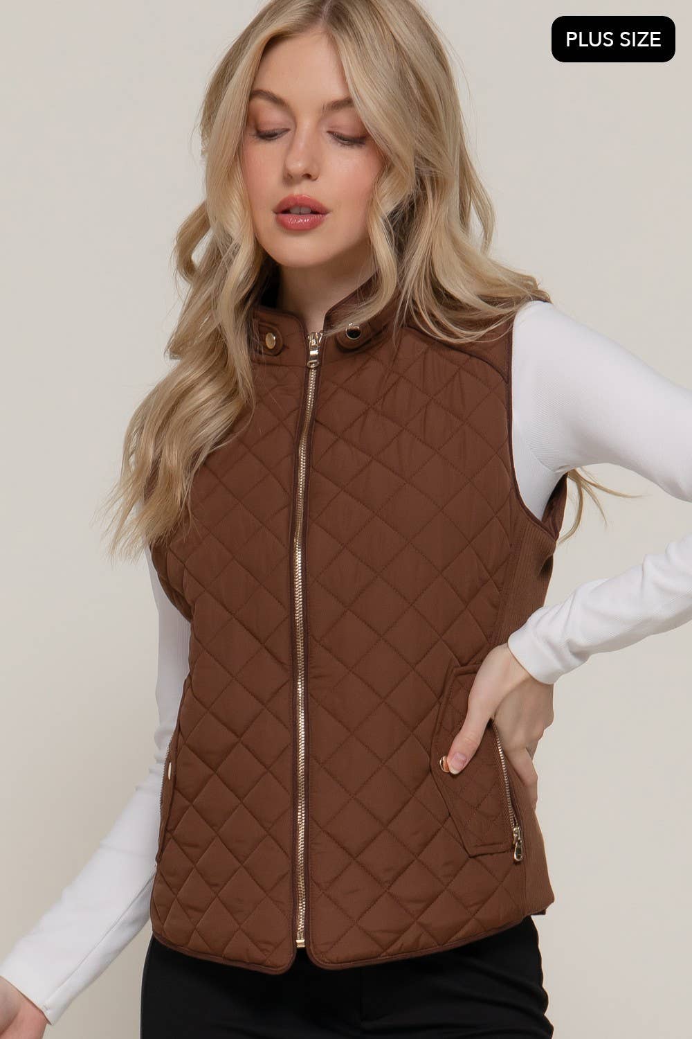 Plus Suede Piping Detail Side Rib Quilted Padding Vest