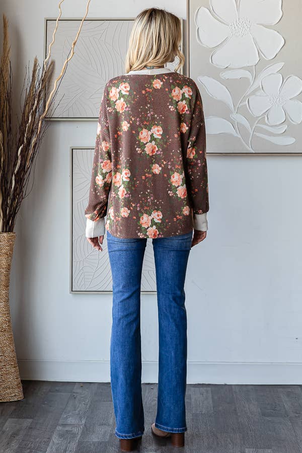 Cozy Floral Rib Drop Shoulder V-Stitch Pullover Top T5699