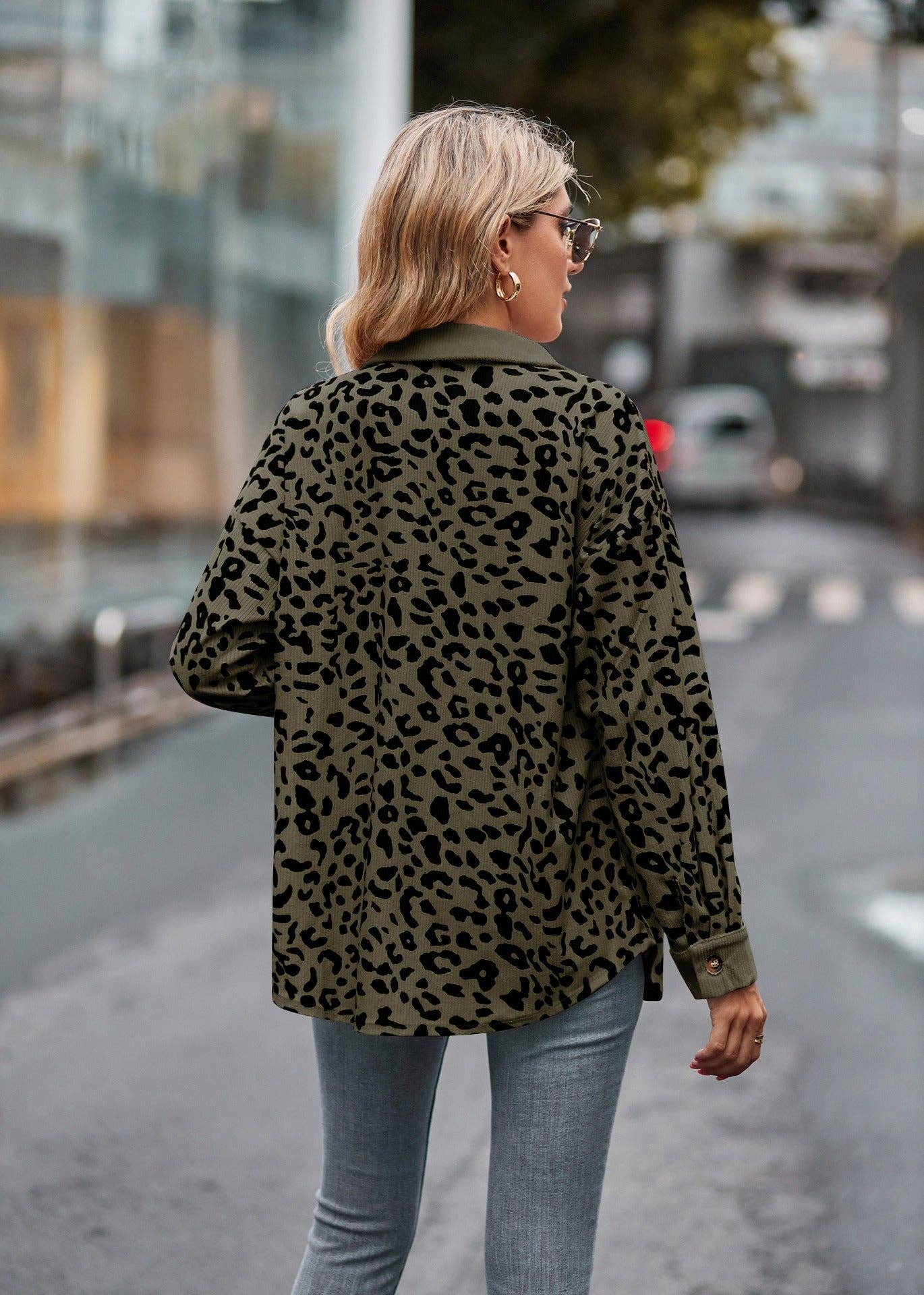 Leopard Corduroy Shirt Jacket - Button Down Oversized Fit