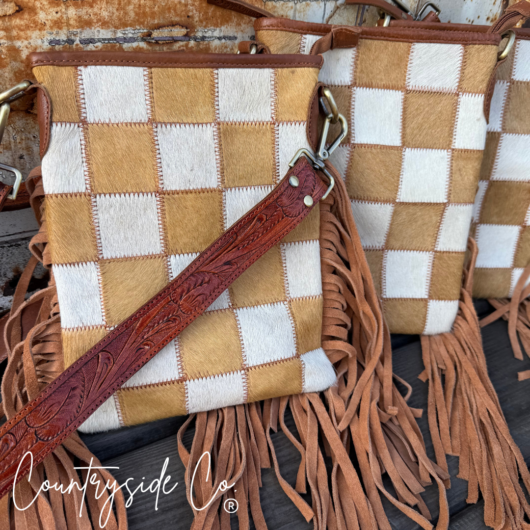 Stockdale Checkered Cowhide Fringe Purse, Brown & White