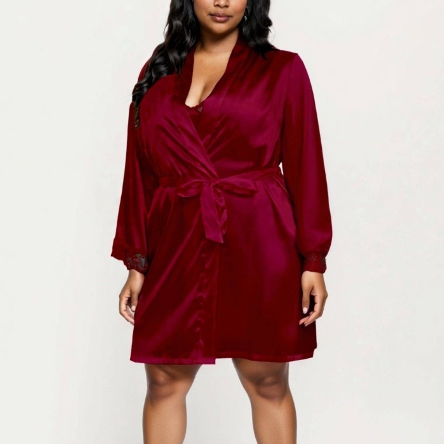 PLus Size Satin Robe and Slip Set with Soft Lace Trim on Sleeves and Delicate Sheen