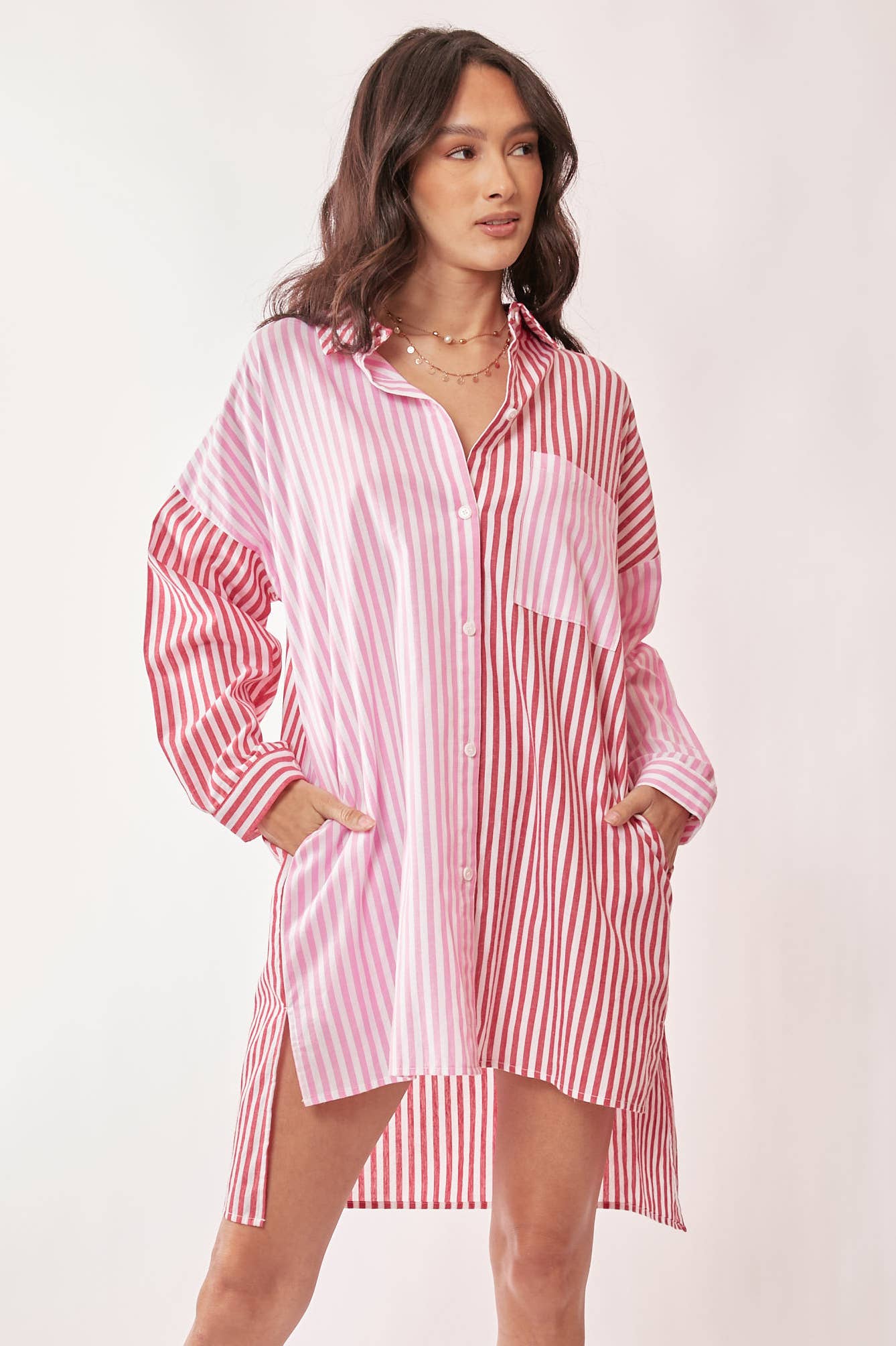MULTI COLOR STRIPE MIXED BUTTON FRONT TUNIC SHIRT