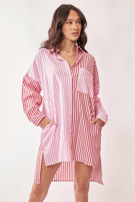 MULTI COLOR STRIPE MIXED BUTTON FRONT TUNIC SHIRT