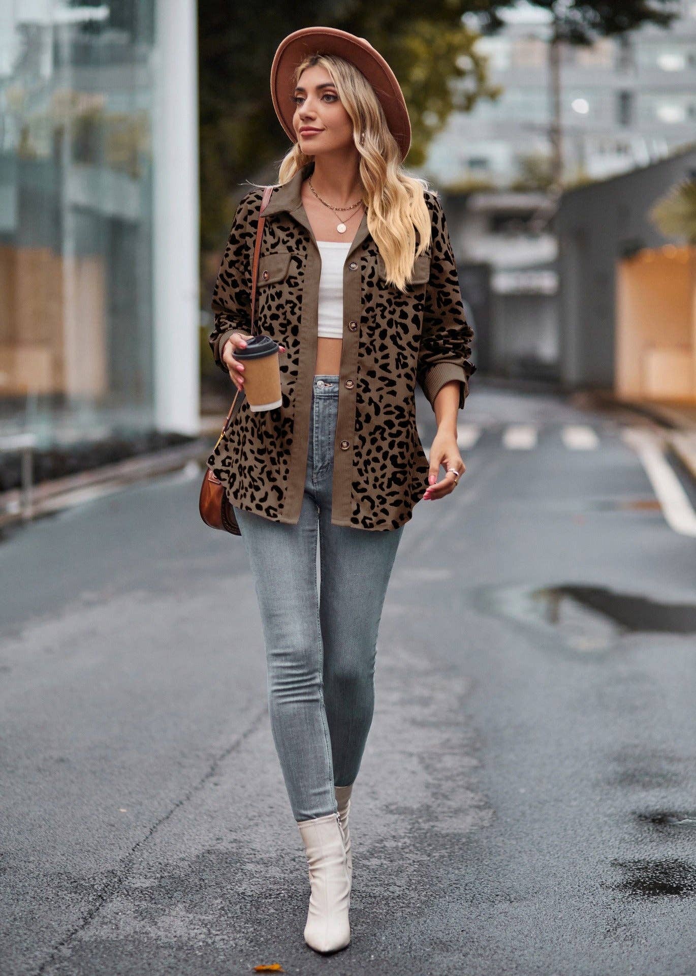 Leopard Corduroy Shirt Jacket - Button Down Oversized Fit