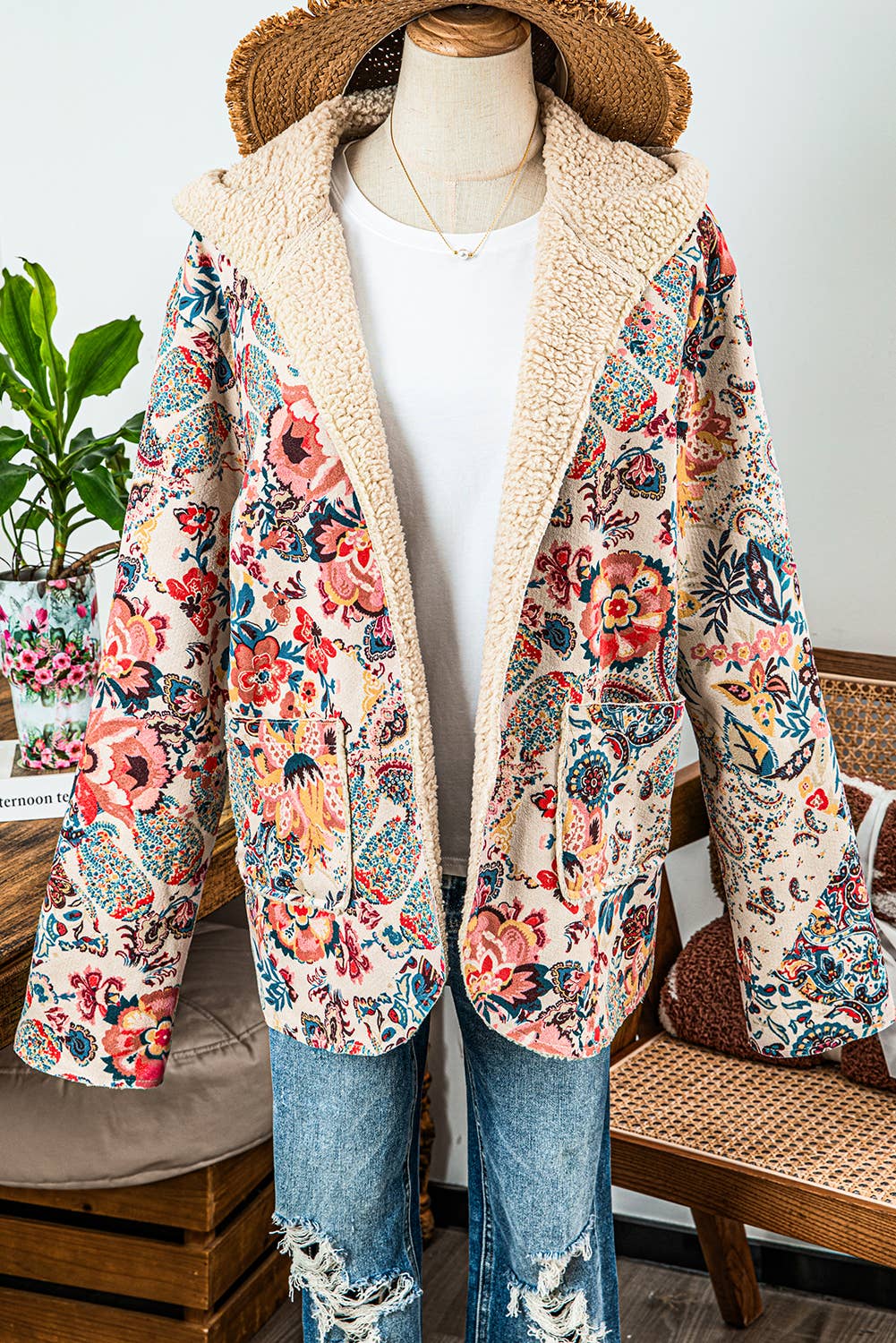 Fashion-W Vintage Paisley Floral Sherpa Lined Hooded Jacket