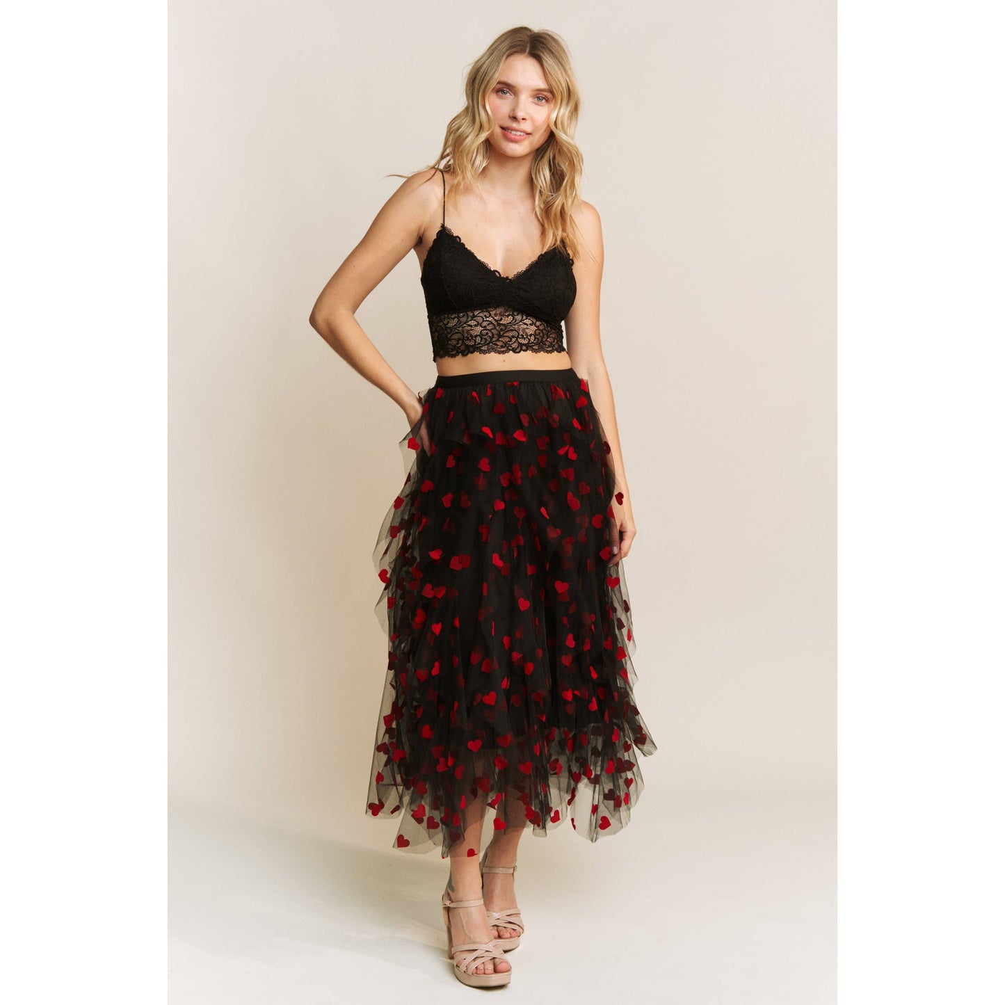 HEART VELVET FLOCKING MESH LAYERED MIDI SKIRT