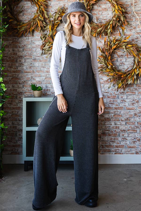 Rib Knit Wide Leg Adjustable Strap Overall Jumpsuit J5293