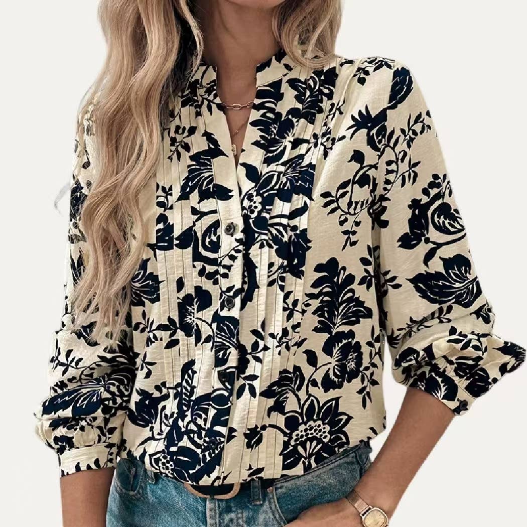 Trendy Floral Print V Neck Long Sleeve Top
