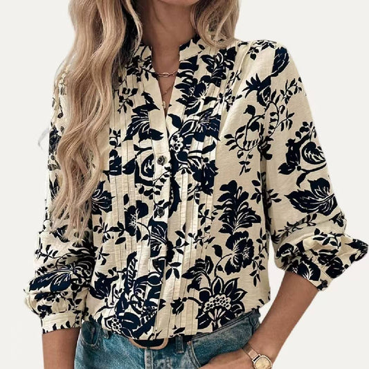 Trendy Floral Print V Neck Long Sleeve Top