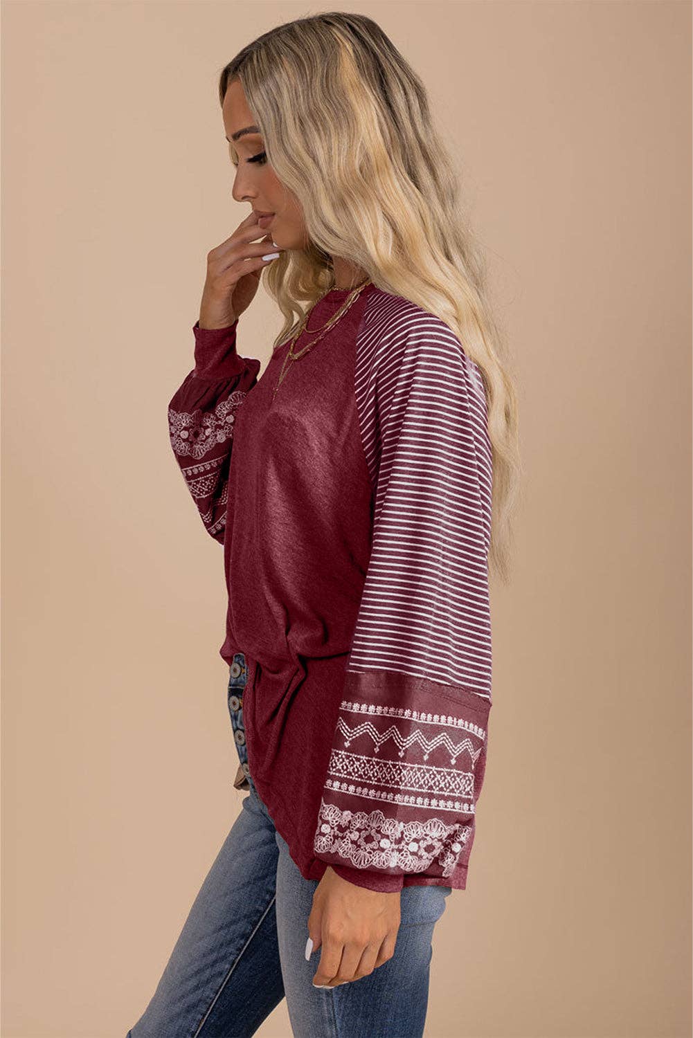 Tillandsia Purple Contrast Print Striped Raglan Long Sleeve Loose Top