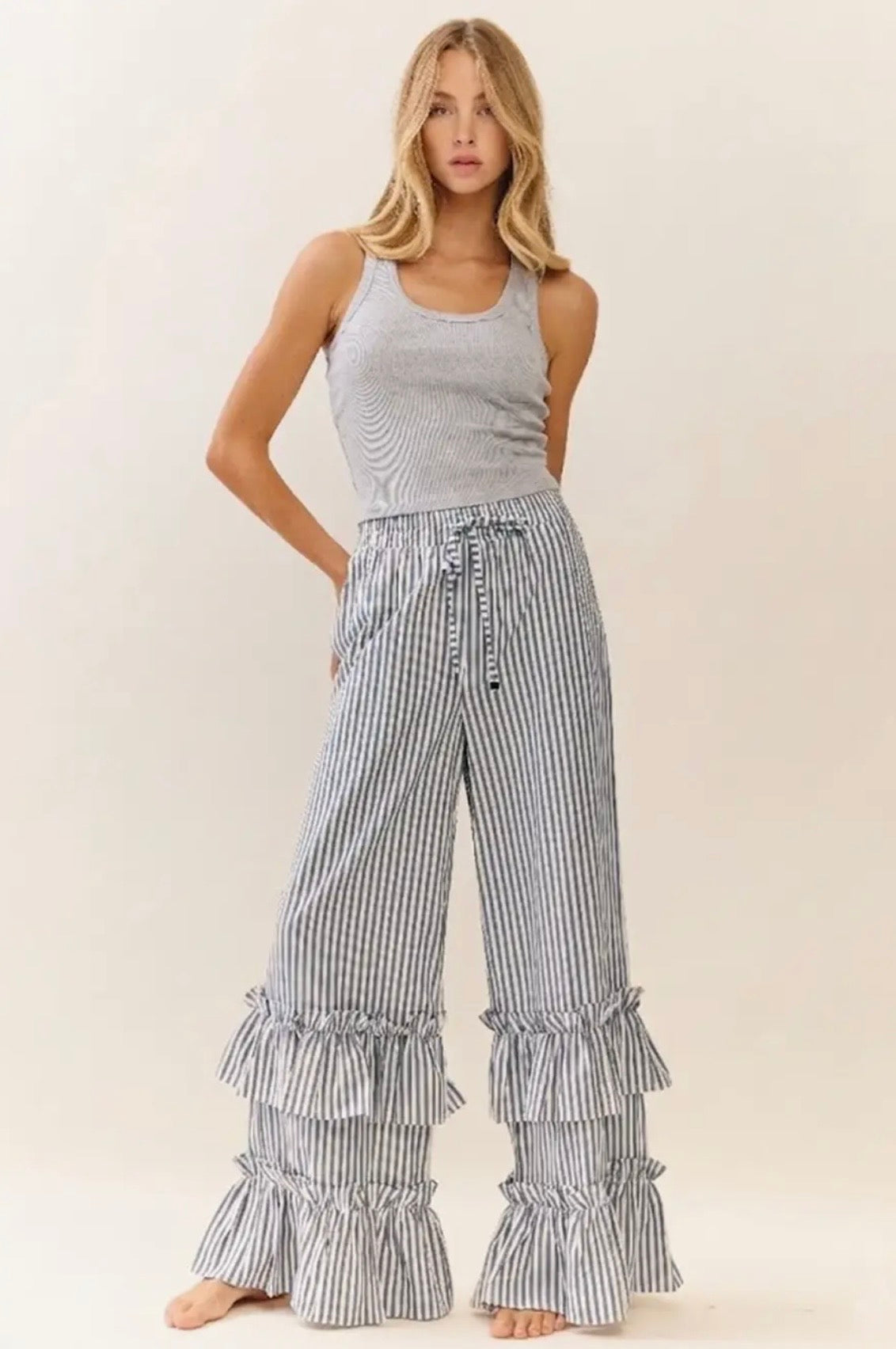 Striped pull on maxi pants with ruffle hem