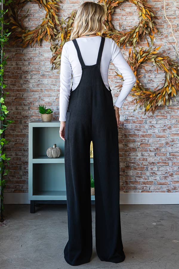 Rib Knit Wide Leg Adjustable Strap Overall Jumpsuit J5293