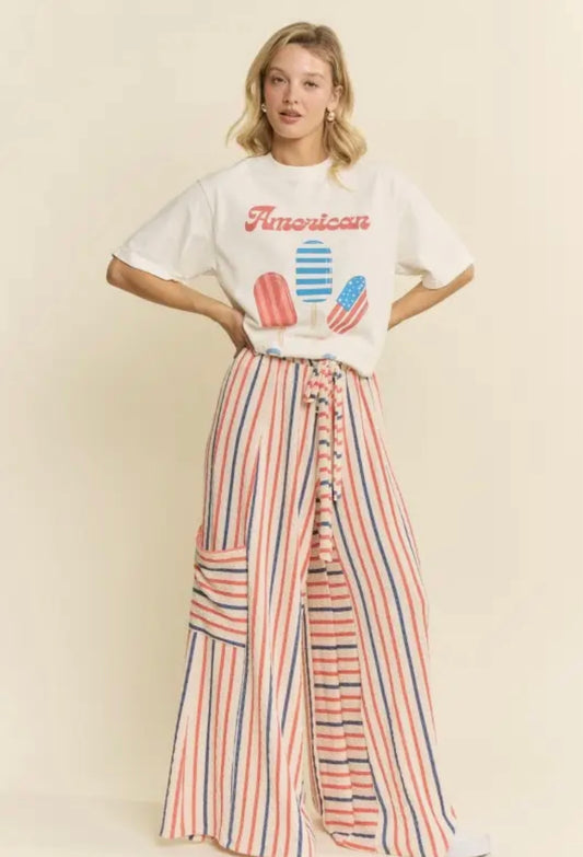Red/Blue Stripe Wide Leg Pants