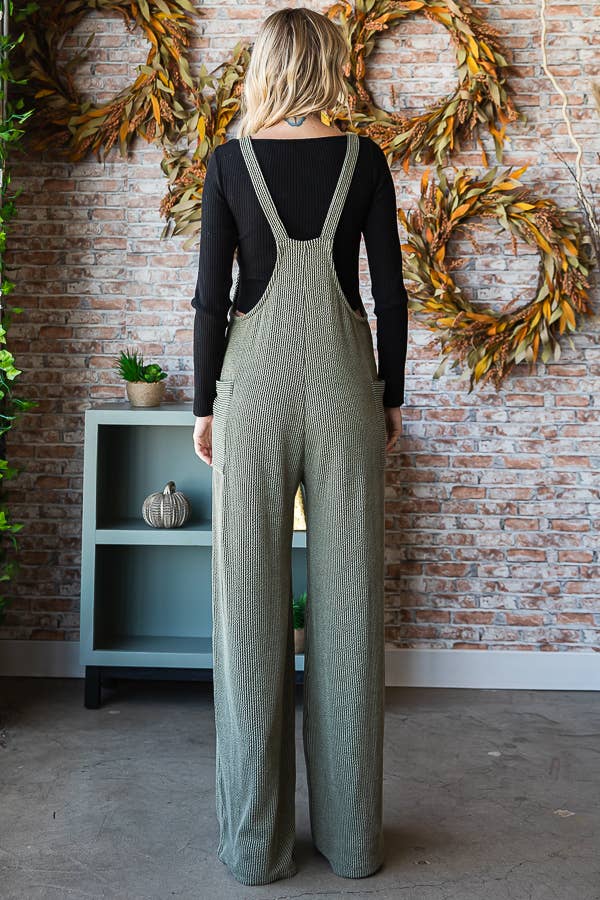Rib Knit Wide Leg Adjustable Strap Overall Jumpsuit J5293