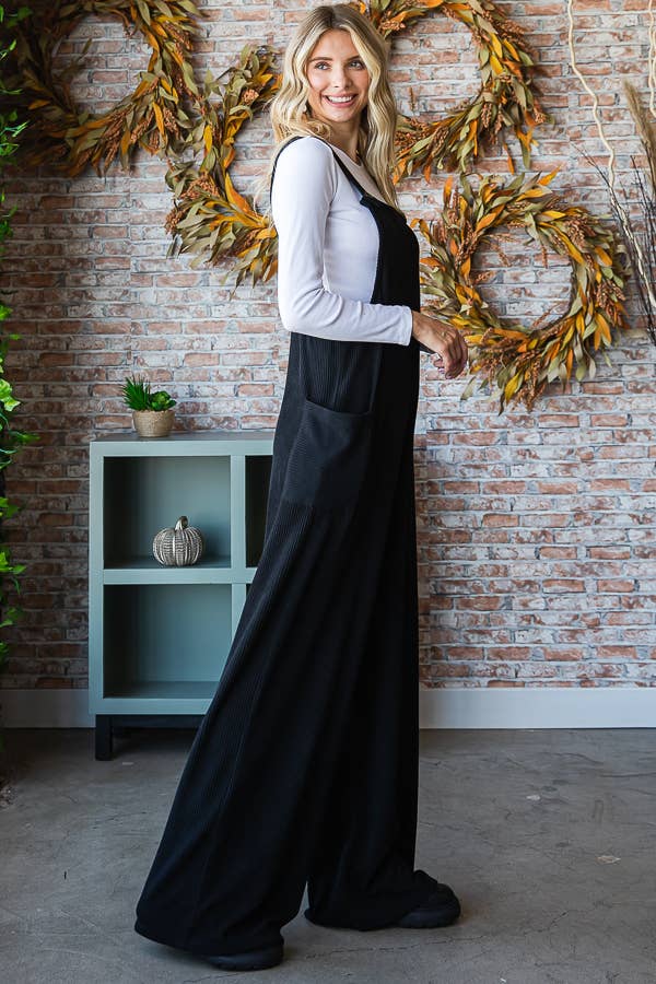 Rib Knit Wide Leg Adjustable Strap Overall Jumpsuit J5293