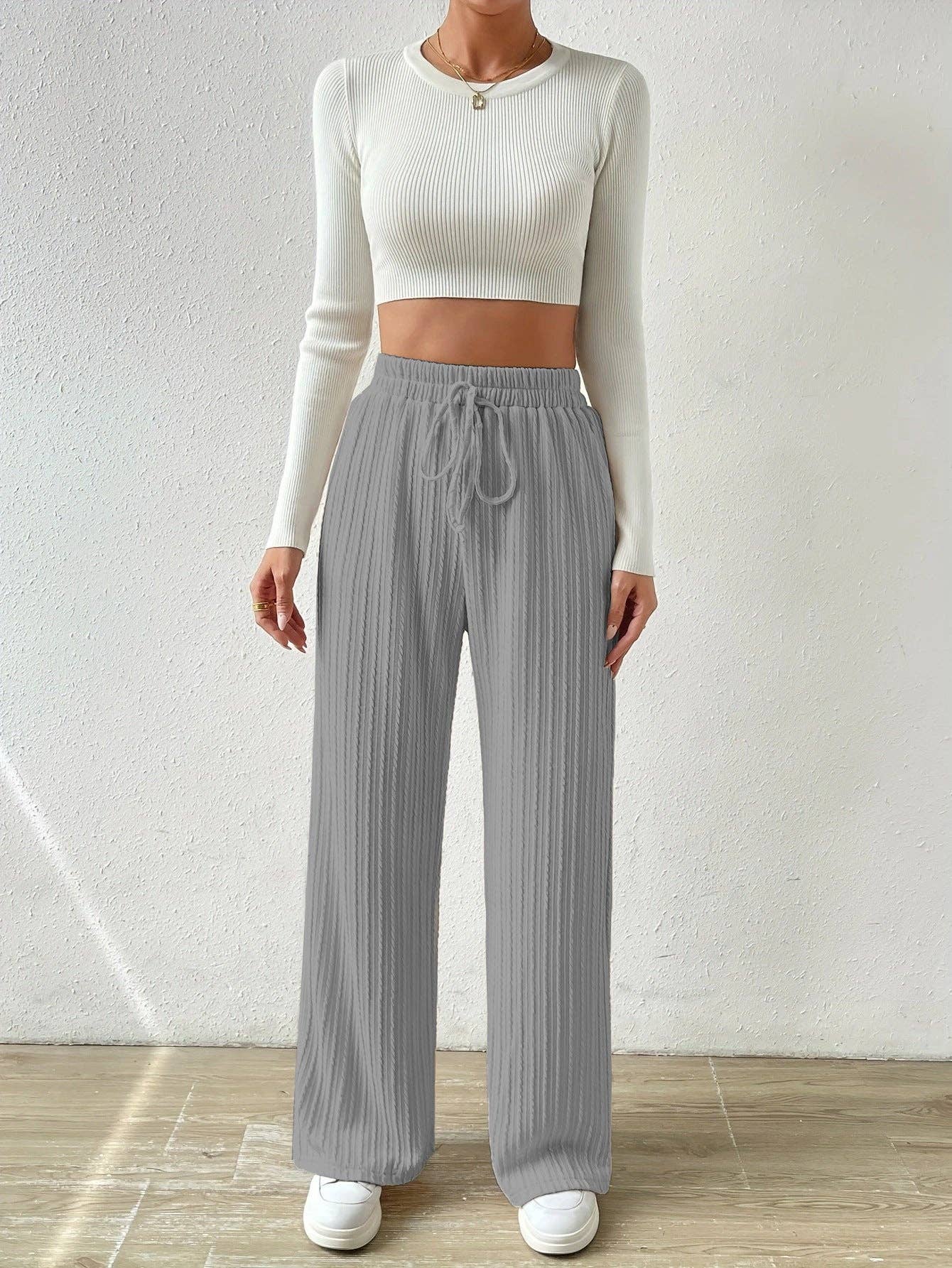 Textured Knit High Waist Wide Leg Lounge Pants