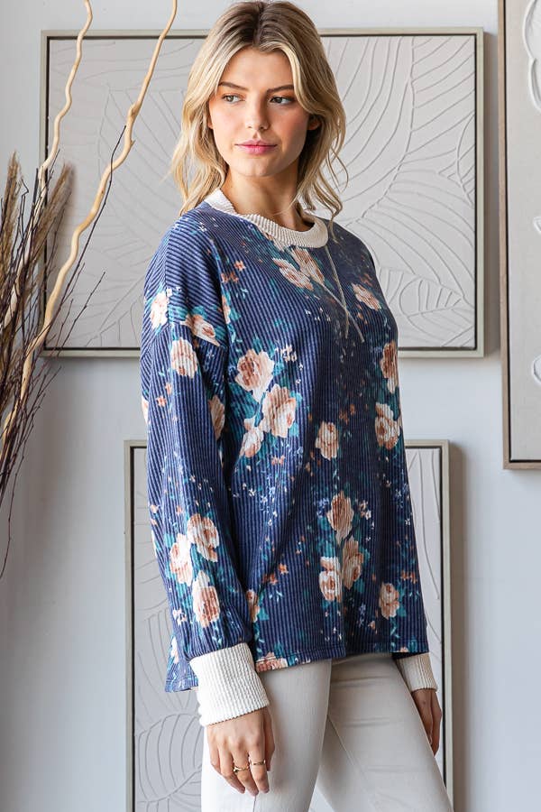 Cozy Floral Rib Drop Shoulder V-Stitch Pullover Top T5699