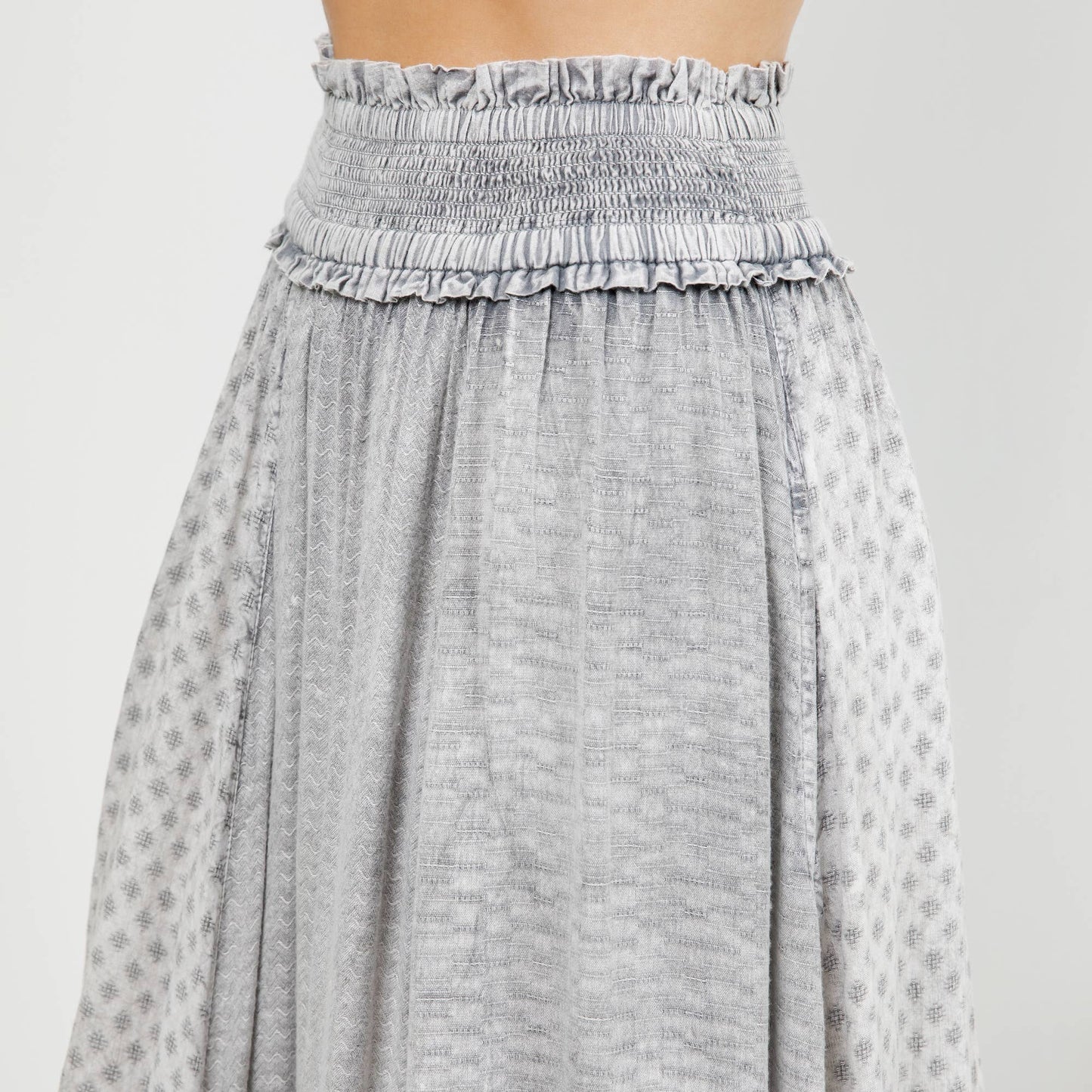 Rustic Textured Smocked Waist Ruffled Tiered Maxi Skirt
