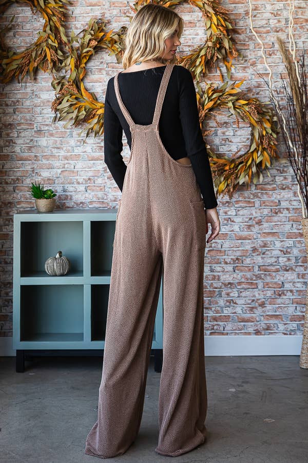 Rib Knit Wide Leg Adjustable Strap Overall Jumpsuit J5293