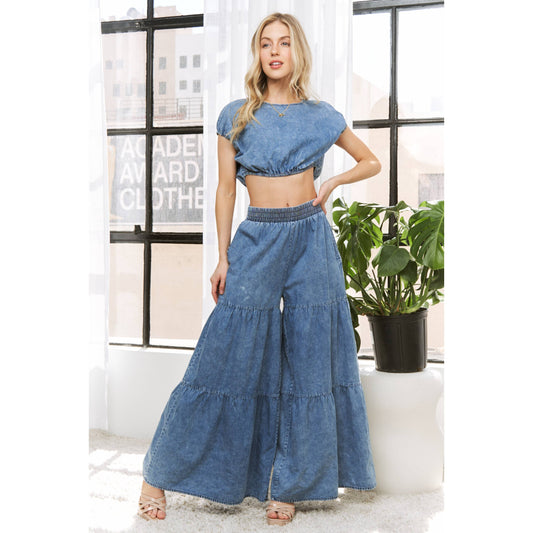 CHIC DENIM ELASTIC WAIST BAND WIDE LEG FLARED PANTS