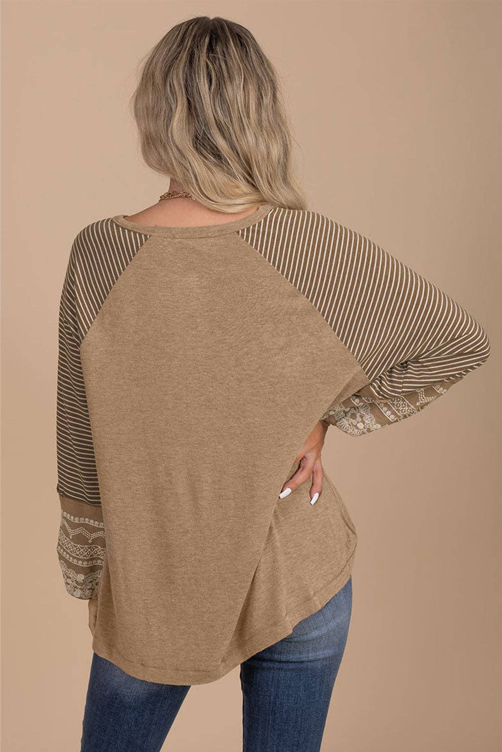 Tillandsia Purple Contrast Print Striped Raglan Long Sleeve Loose Top
