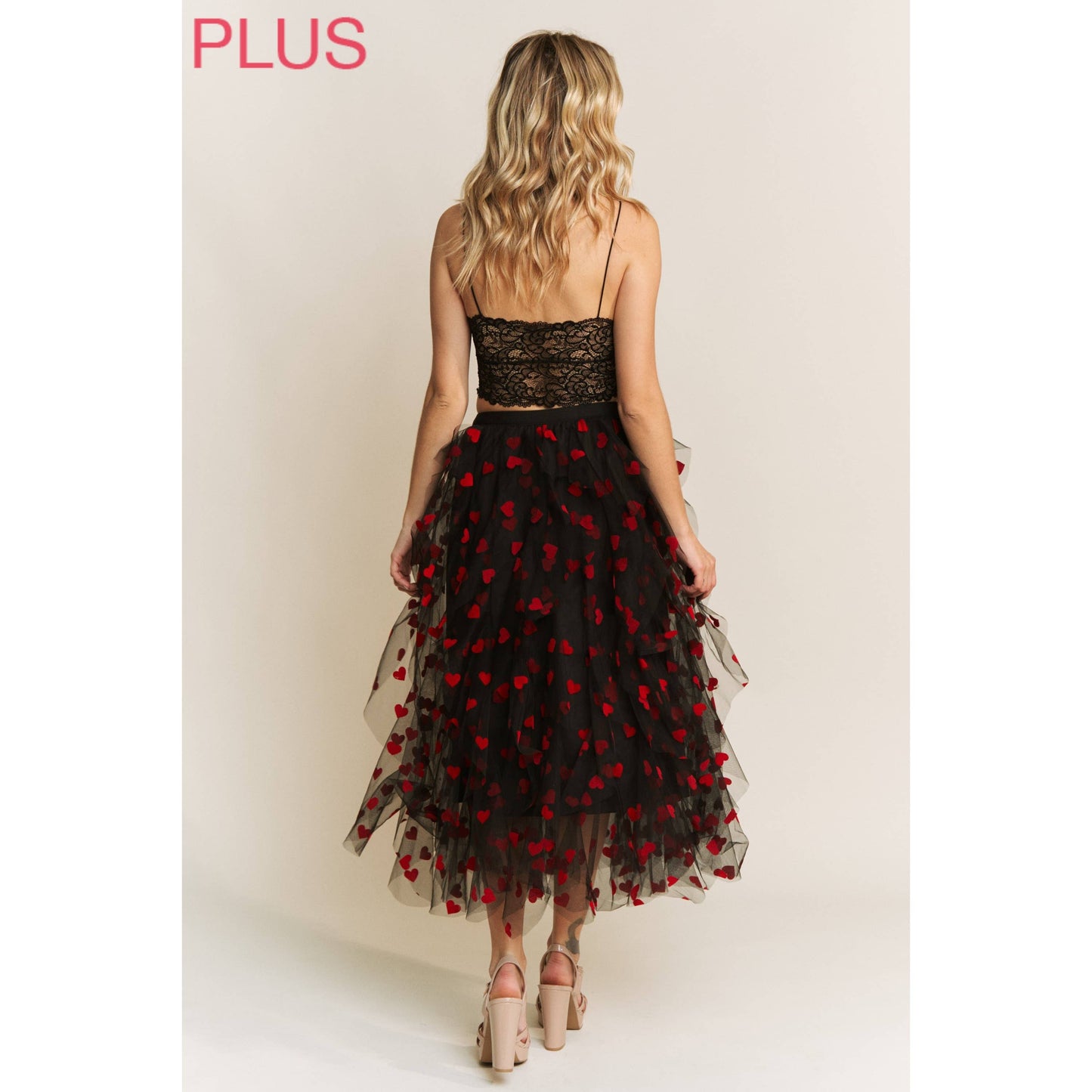 PLUS HEART VELVET FLOCKING MESH LAYERED MIDI SKIRT