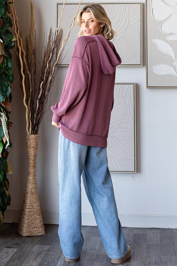 Solid Rib Drop Shoulder Front Pocket Drawstring Hoodie T5704