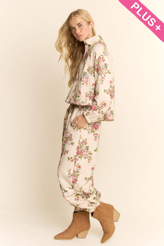 PLUS FLOWER SPORTS TOP ELASTIC WAIST PANTS SET