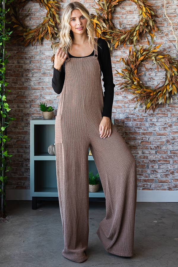 Rib Knit Wide Leg Adjustable Strap Overall Jumpsuit J5293