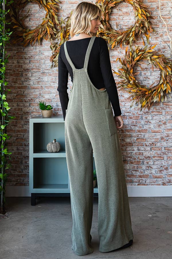 Rib Knit Wide Leg Adjustable Strap Overall Jumpsuit J5293