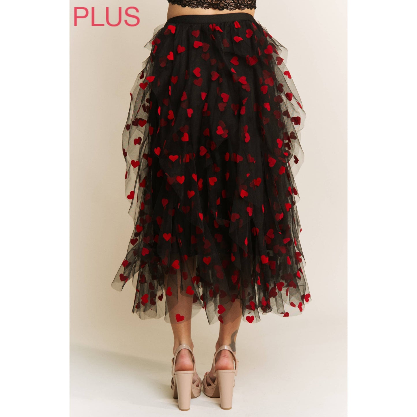 PLUS HEART VELVET FLOCKING MESH LAYERED MIDI SKIRT