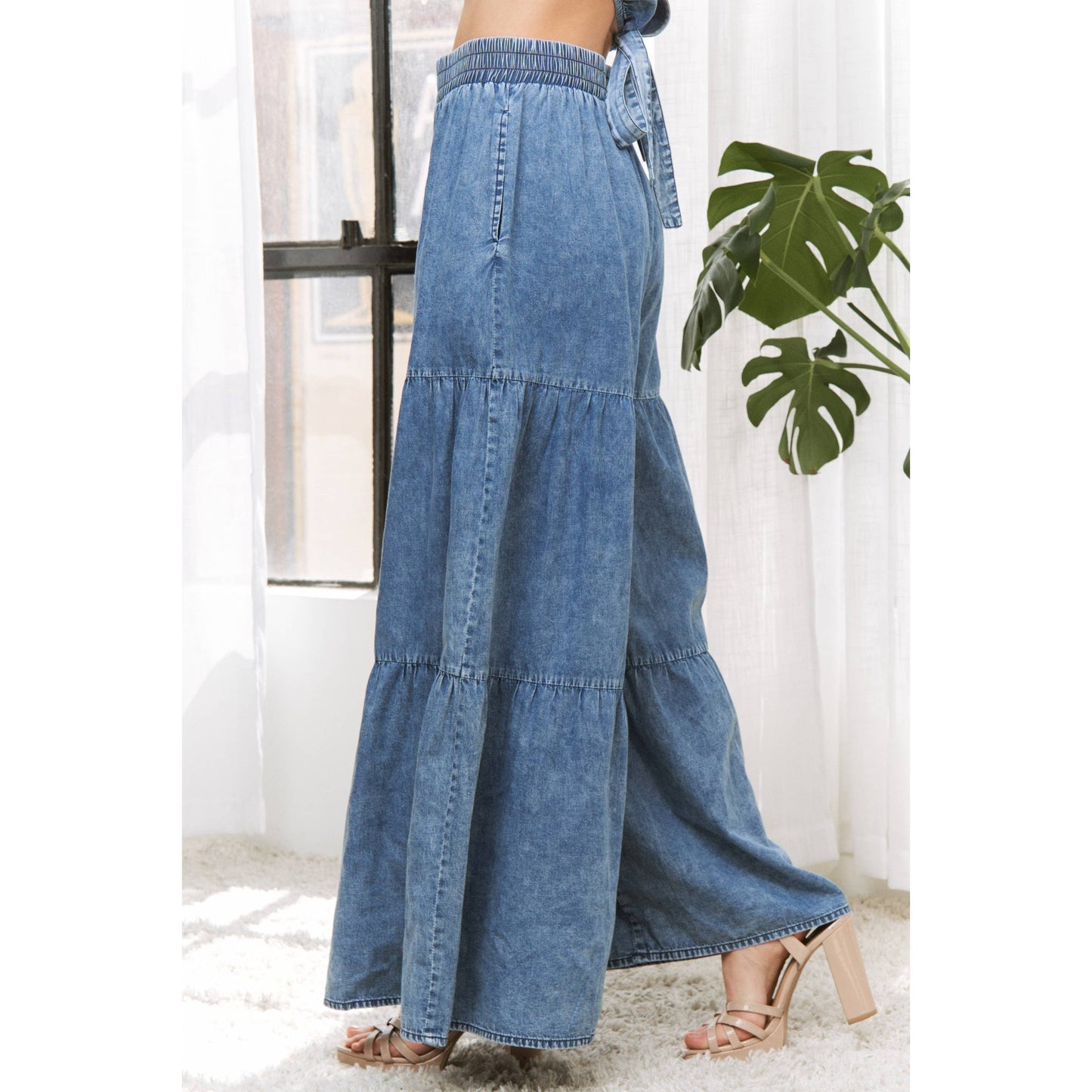 CHIC DENIM ELASTIC WAIST BAND WIDE LEG FLARED PANTS