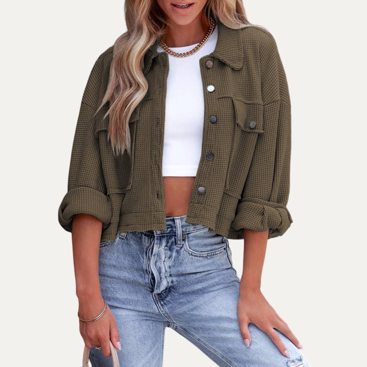 Always Popular Textured Button-Up Long Sleeve Cropped Jacket