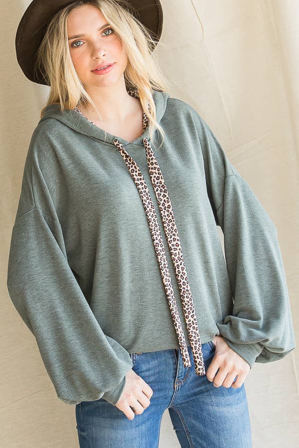 Leopard Drawstring Balloon Sleeves Pullover Hoodie T3716