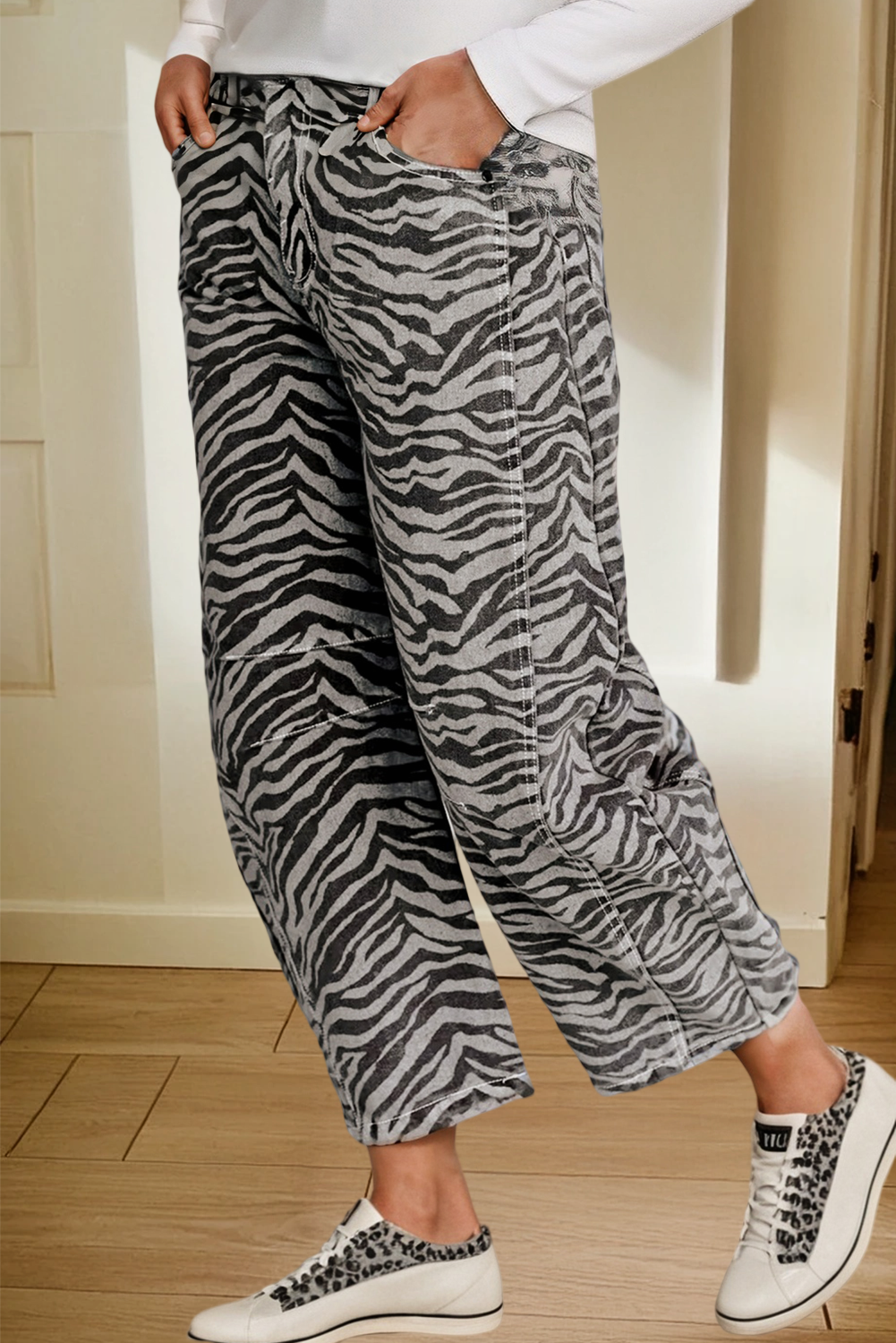 Plus Size Zebra Stripe Printed Wide Leg Jeans