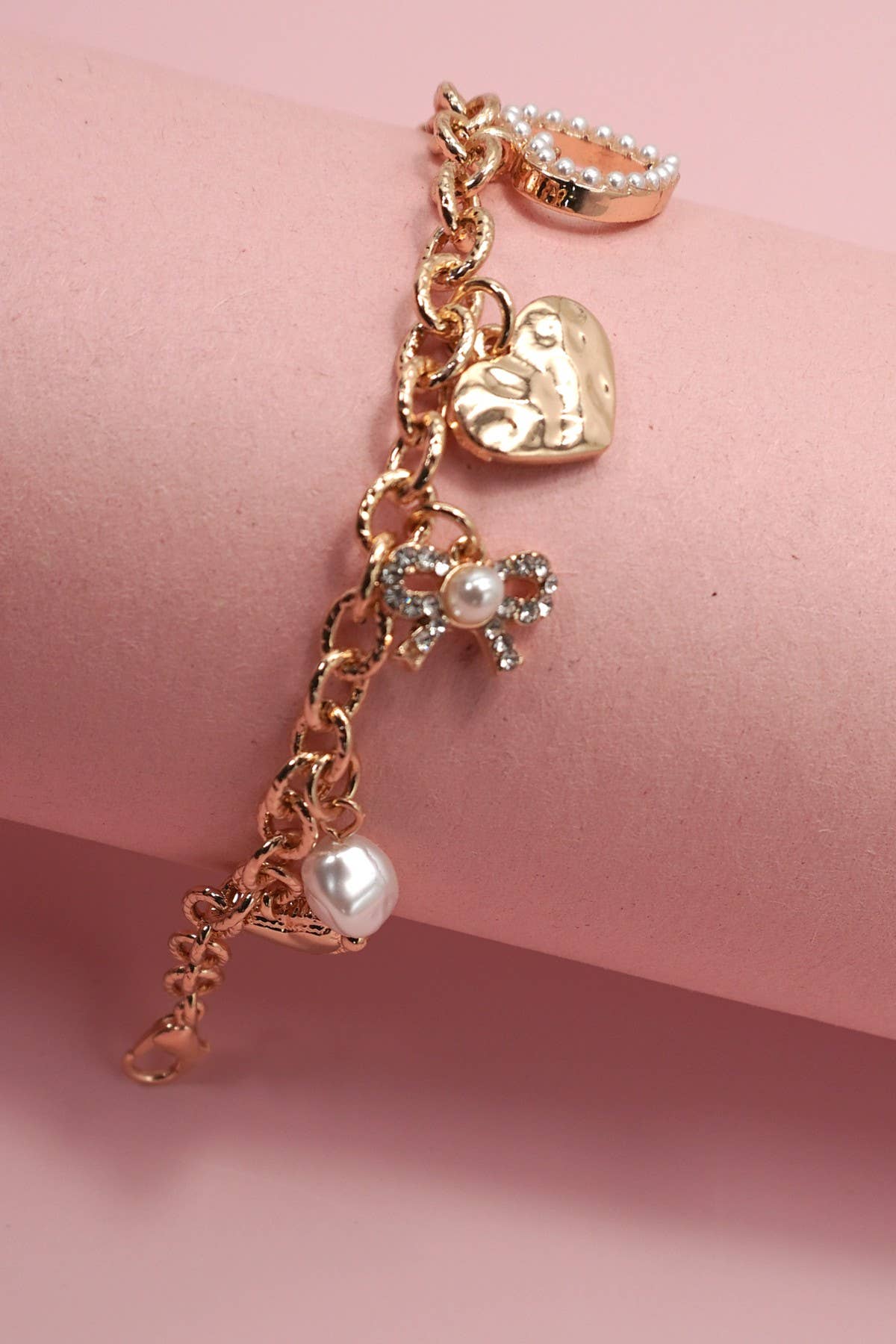 CHARM BRACELET-BOW HEART PEARL DISC| 80B1290