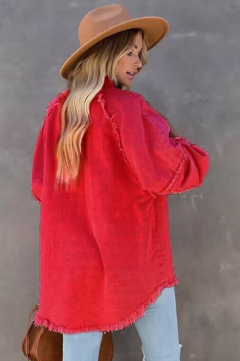 Loose raw edge patchwork pocket denim shirt jacket