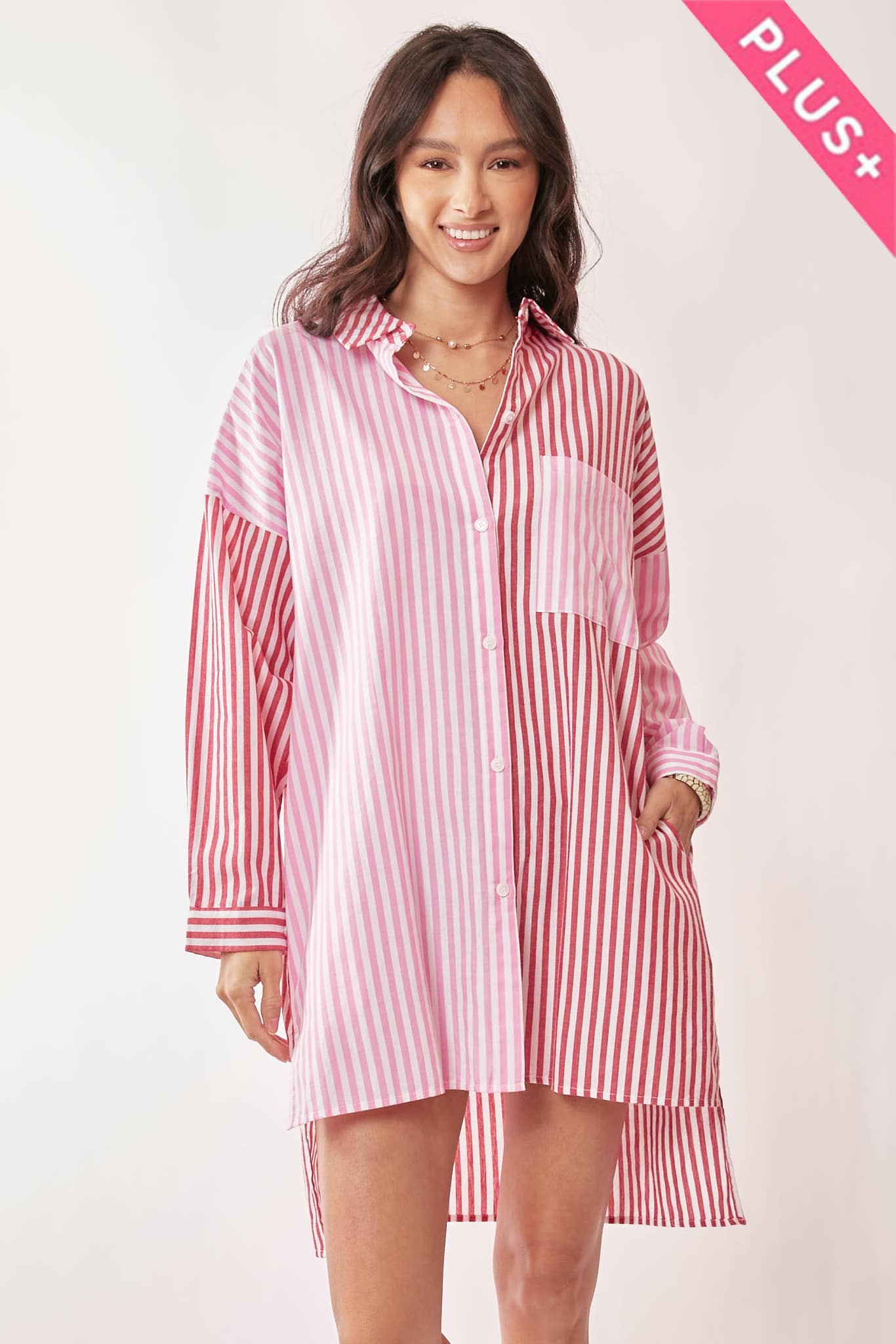 PLUS MULTI COLOR STRIPE BUTTON FRONT TUNIC SHIRT