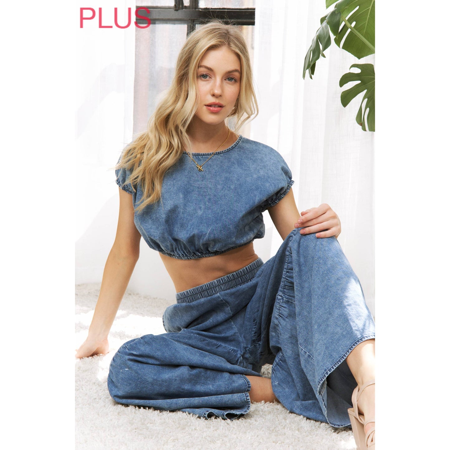 PLUS CHIC DENIM ELASTIC WAIST BAND WIDE LEG FLARED PANTS