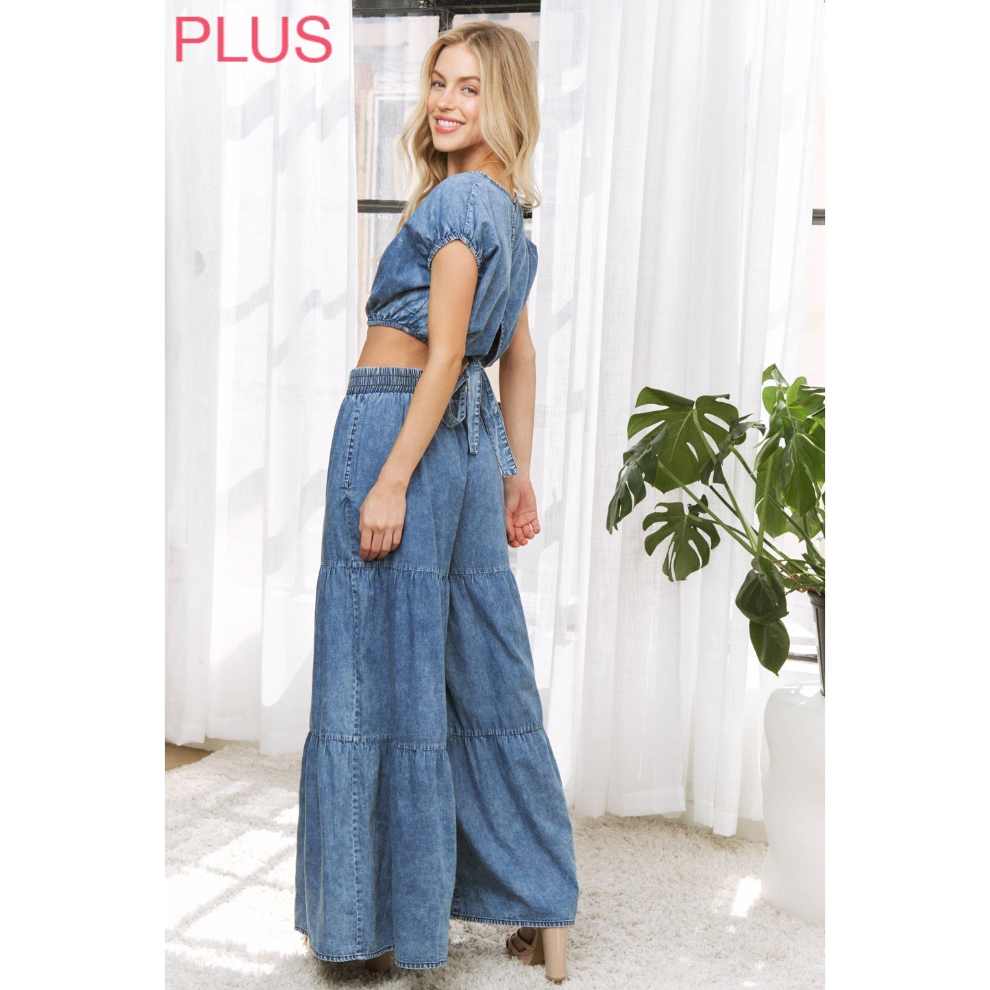PLUS CHIC DENIM ELASTIC WAIST BAND WIDE LEG FLARED PANTS