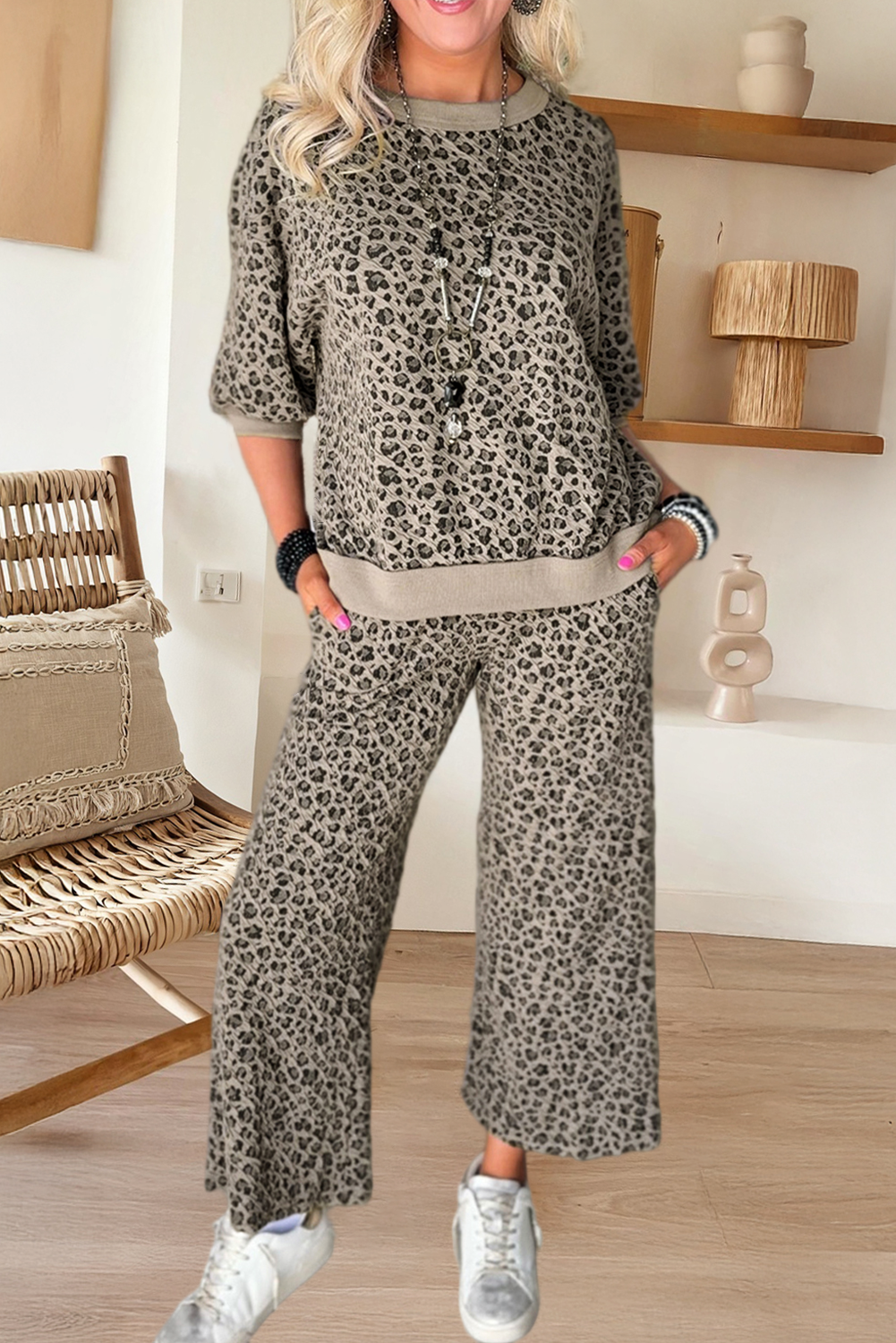 Jacquard Leopard Half Sleeve Jumper Wide Leg Pant Set (S-XL)