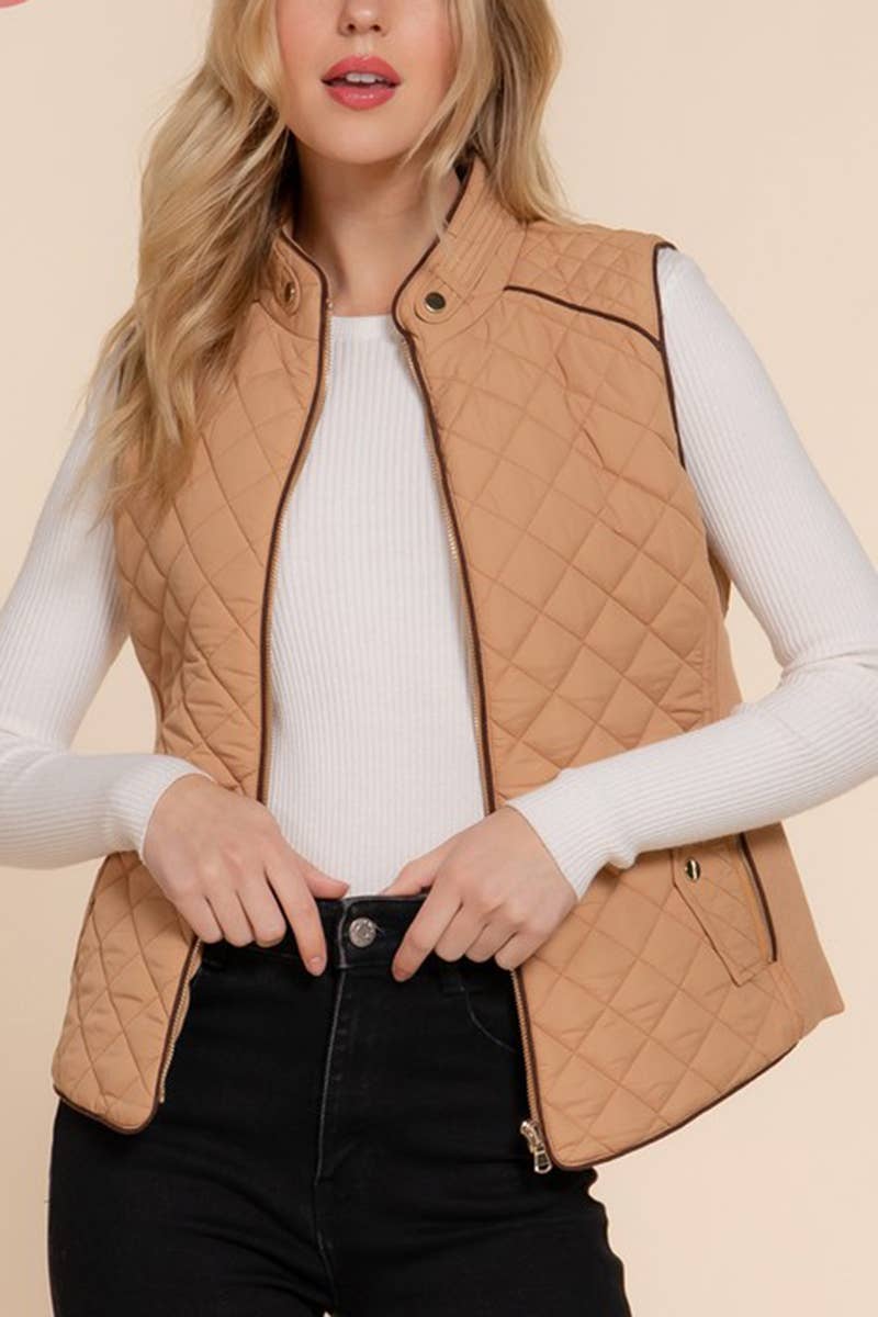 Plus Suede Piping Detail Side Rib Quilted Padding Vest