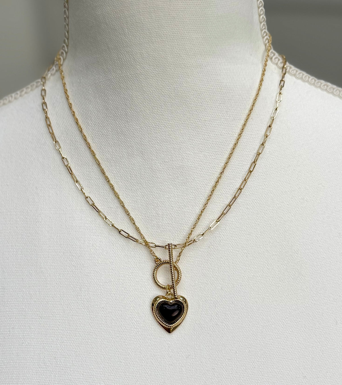 2 Chain Black Heart Necklace