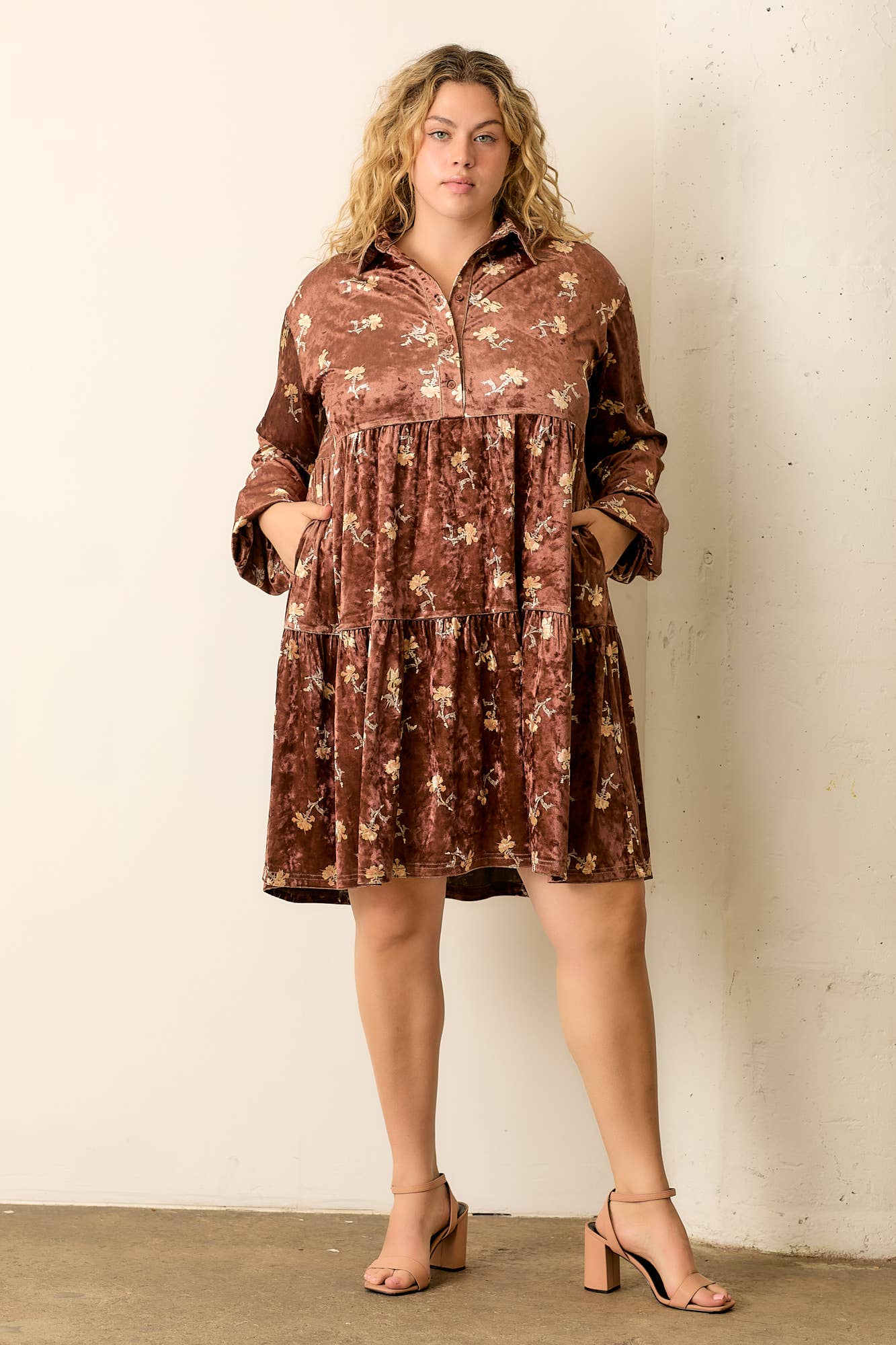 (PLUS SIZE) FLORAL PRINT VELVET COLLAR DRESS