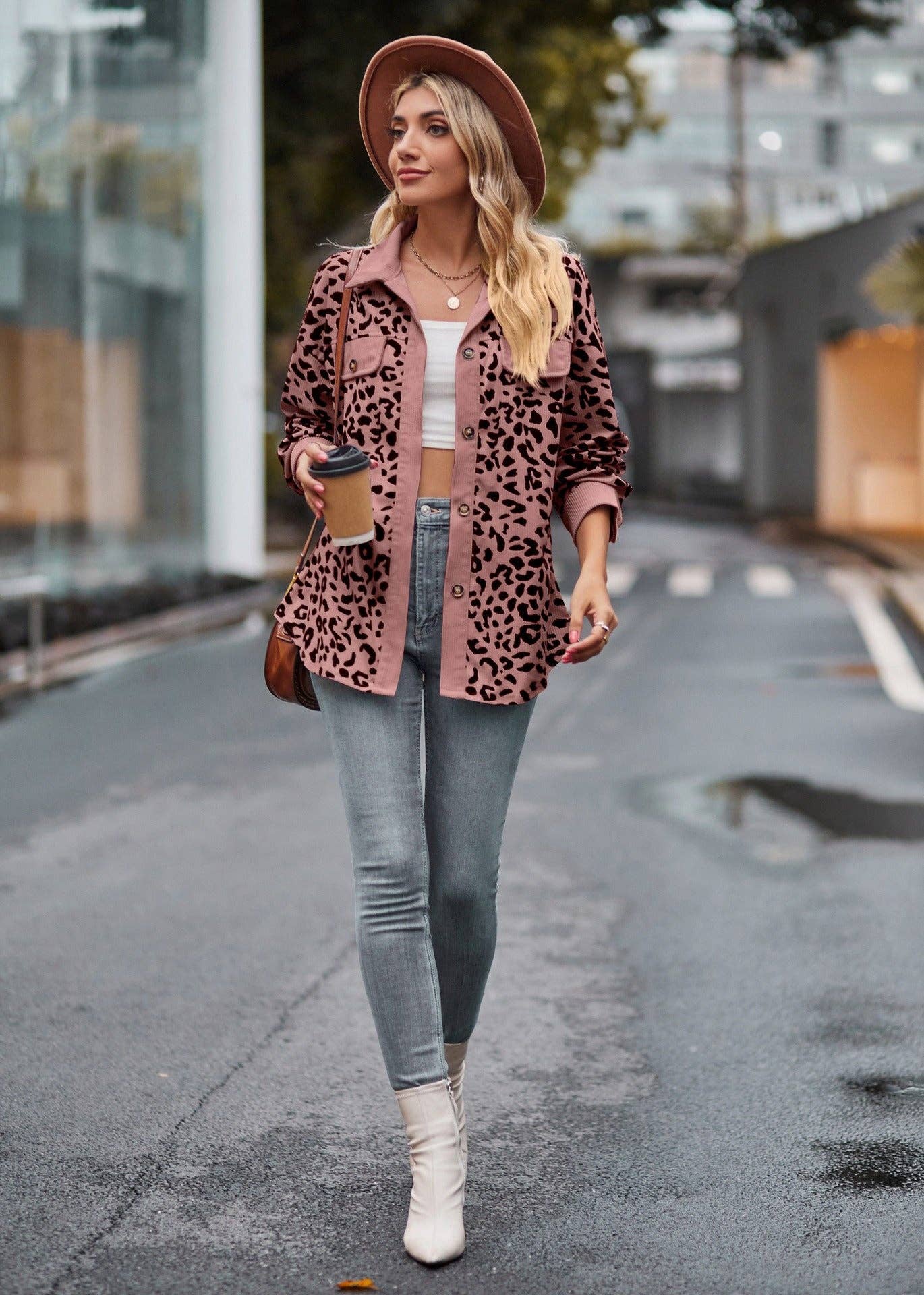 Leopard Corduroy Shirt Jacket - Button Down Oversized Fit