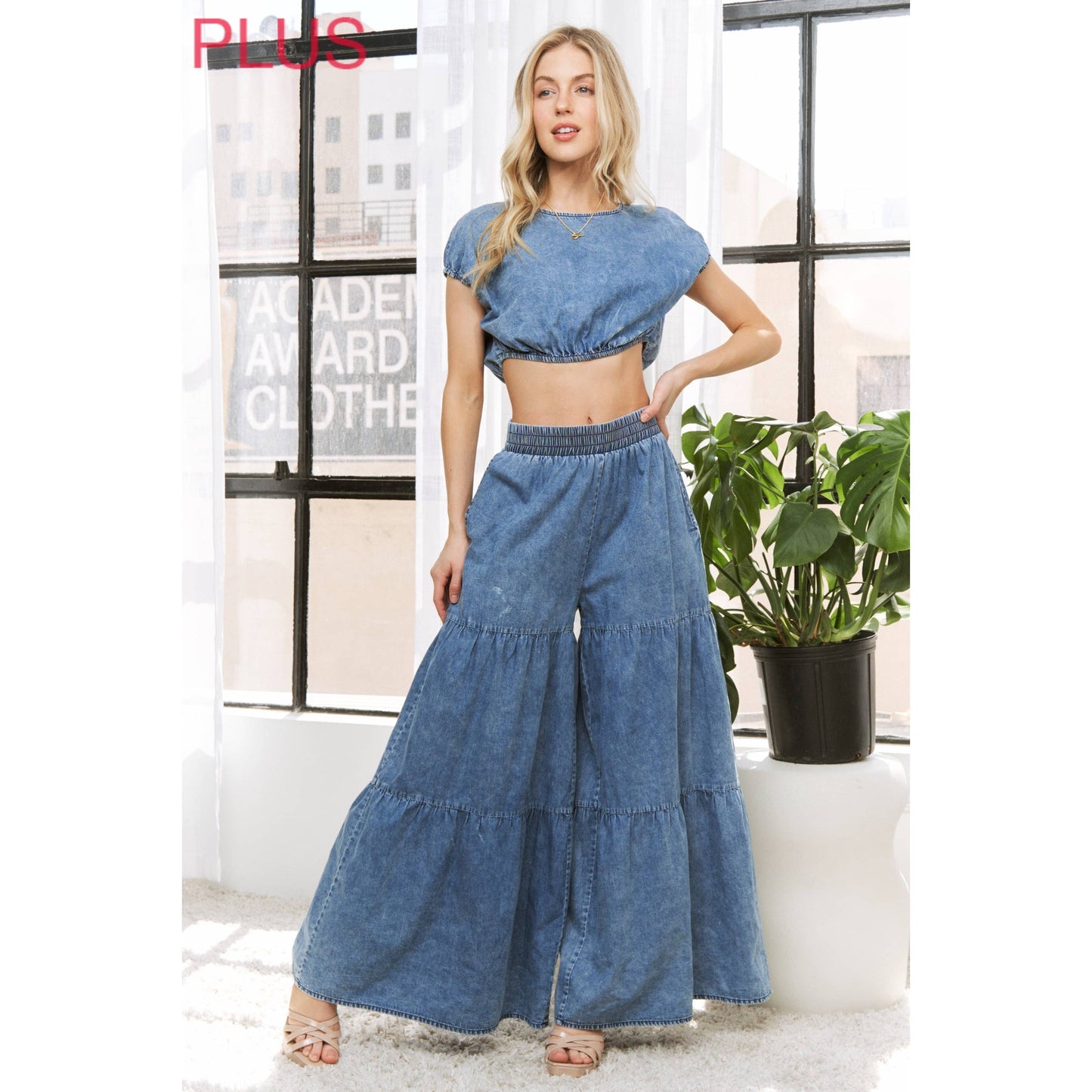 PLUS CHIC DENIM ELASTIC WAIST BAND WIDE LEG FLARED PANTS