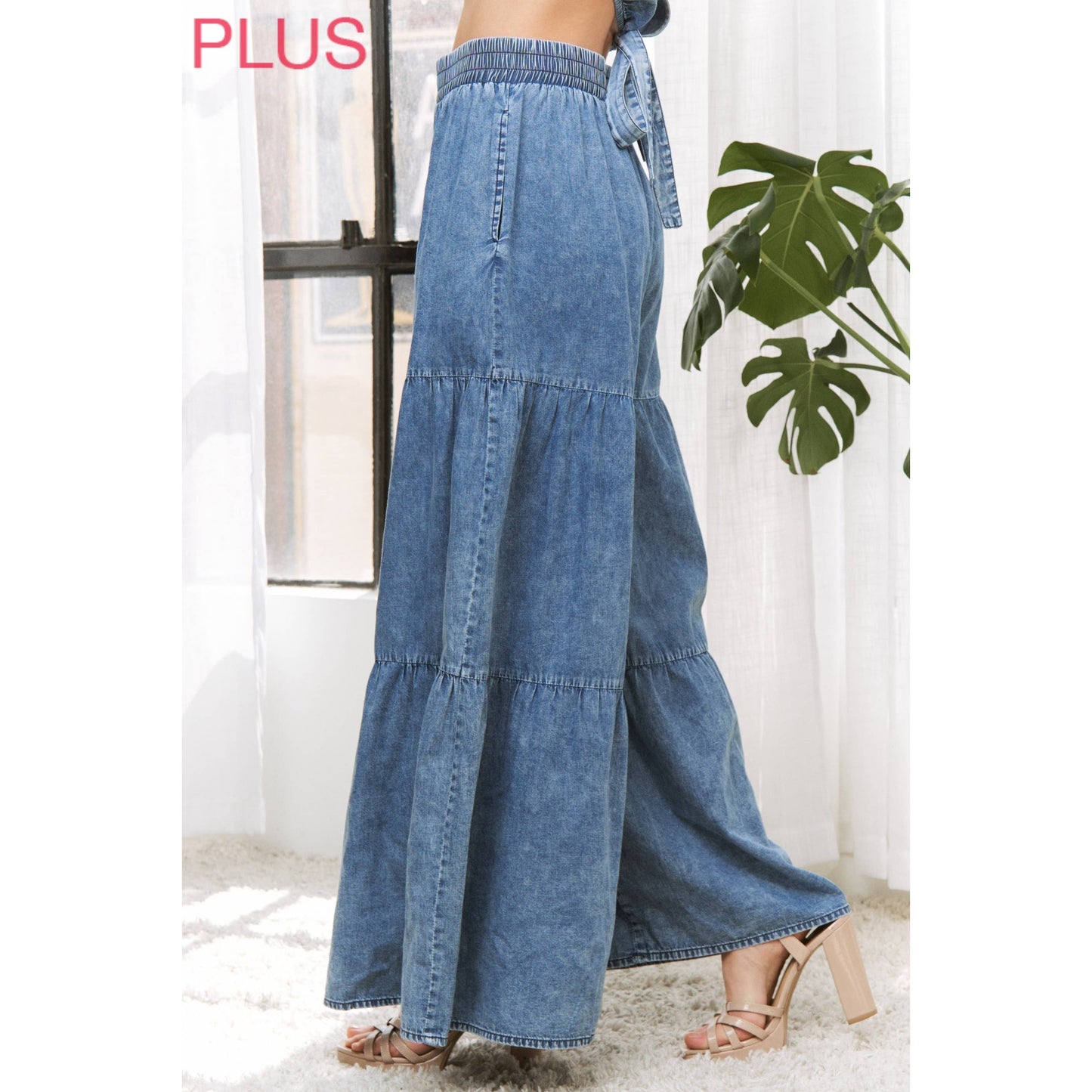 PLUS CHIC DENIM ELASTIC WAIST BAND WIDE LEG FLARED PANTS